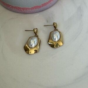 Gold Pearl Drop Earrings for Women - Classic Gold and White Stainless Steel.